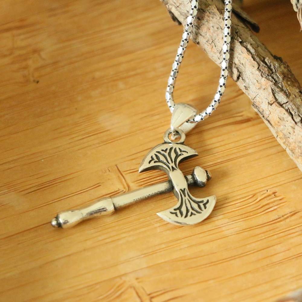Sterling Silver Decorated Axe Necklace - Picture 3 of 7